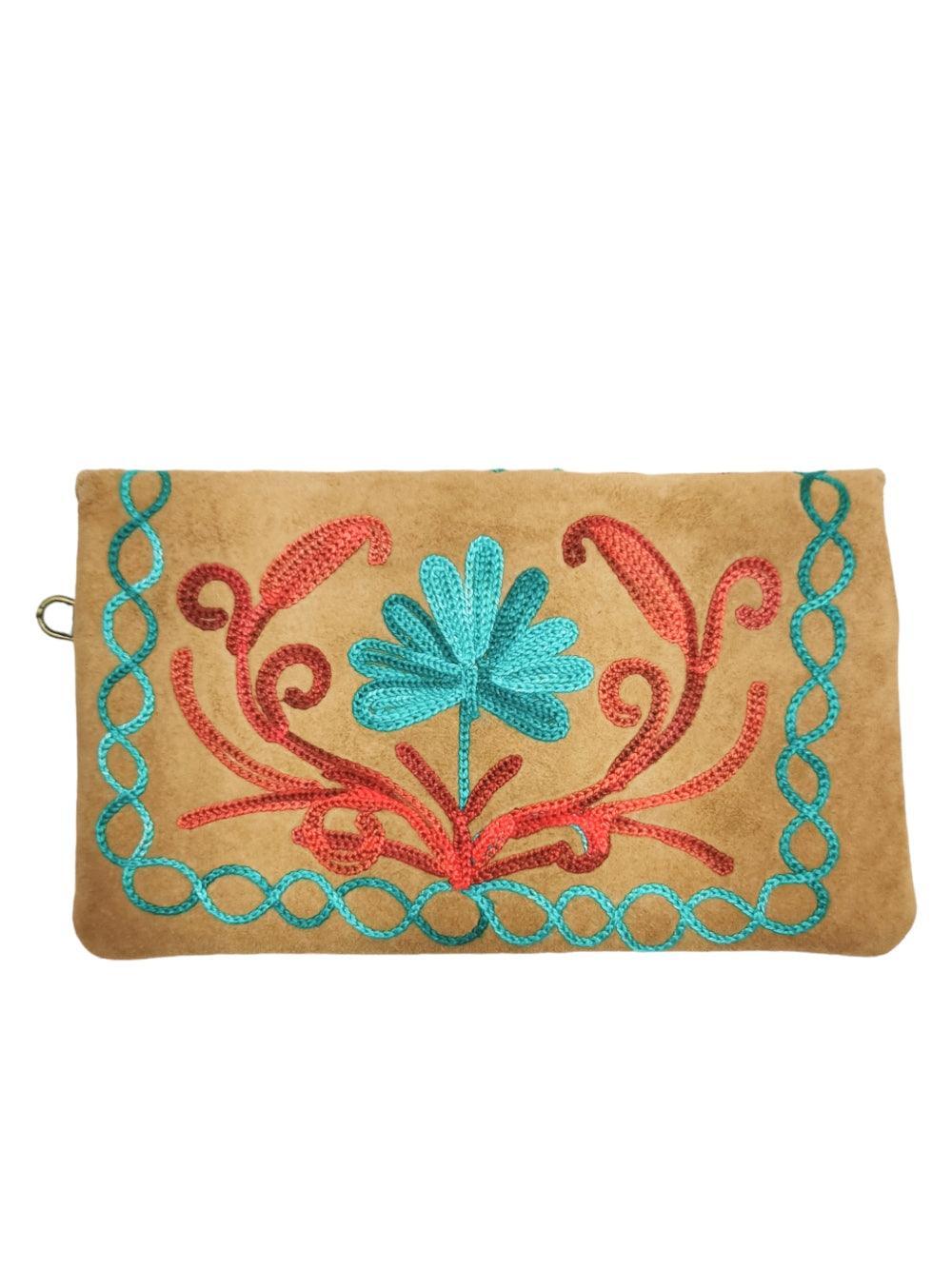 Suede Leather Flap Purse | Kashmiri Flap Purse | 6" Zip Purse - ZANSKAR ARTS