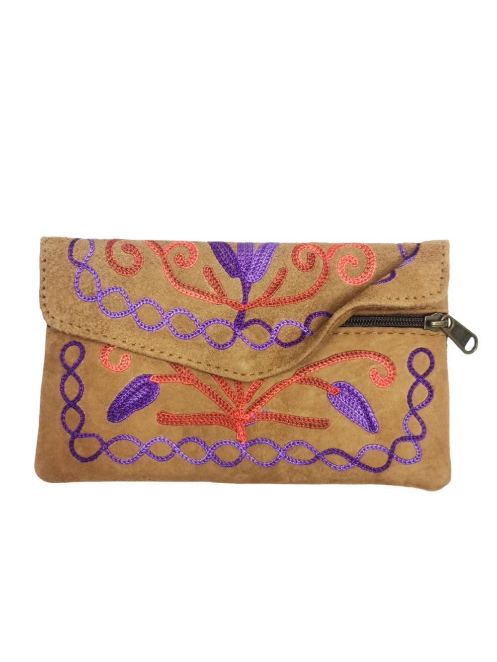 Suede Leather Flap Purse | Kashmiri Flap Purse | 6" Zip Purse - ZANSKAR ARTS