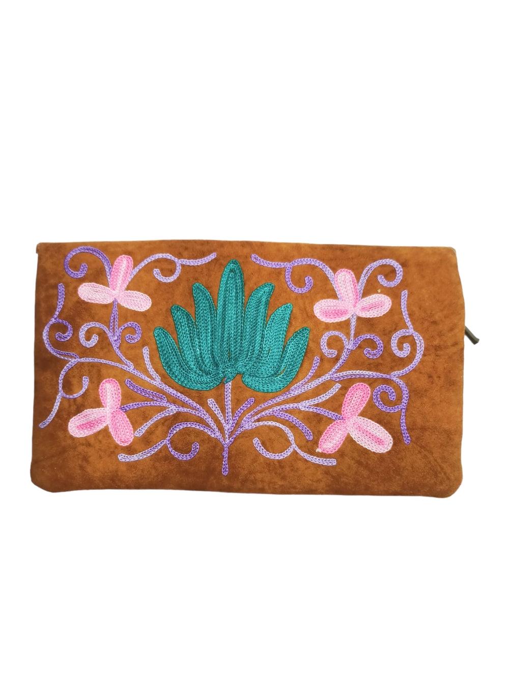 Suede Leather Flap Purse | Kashmiri Flap Purse | 8" Zip Purse - ZANSKAR ARTS