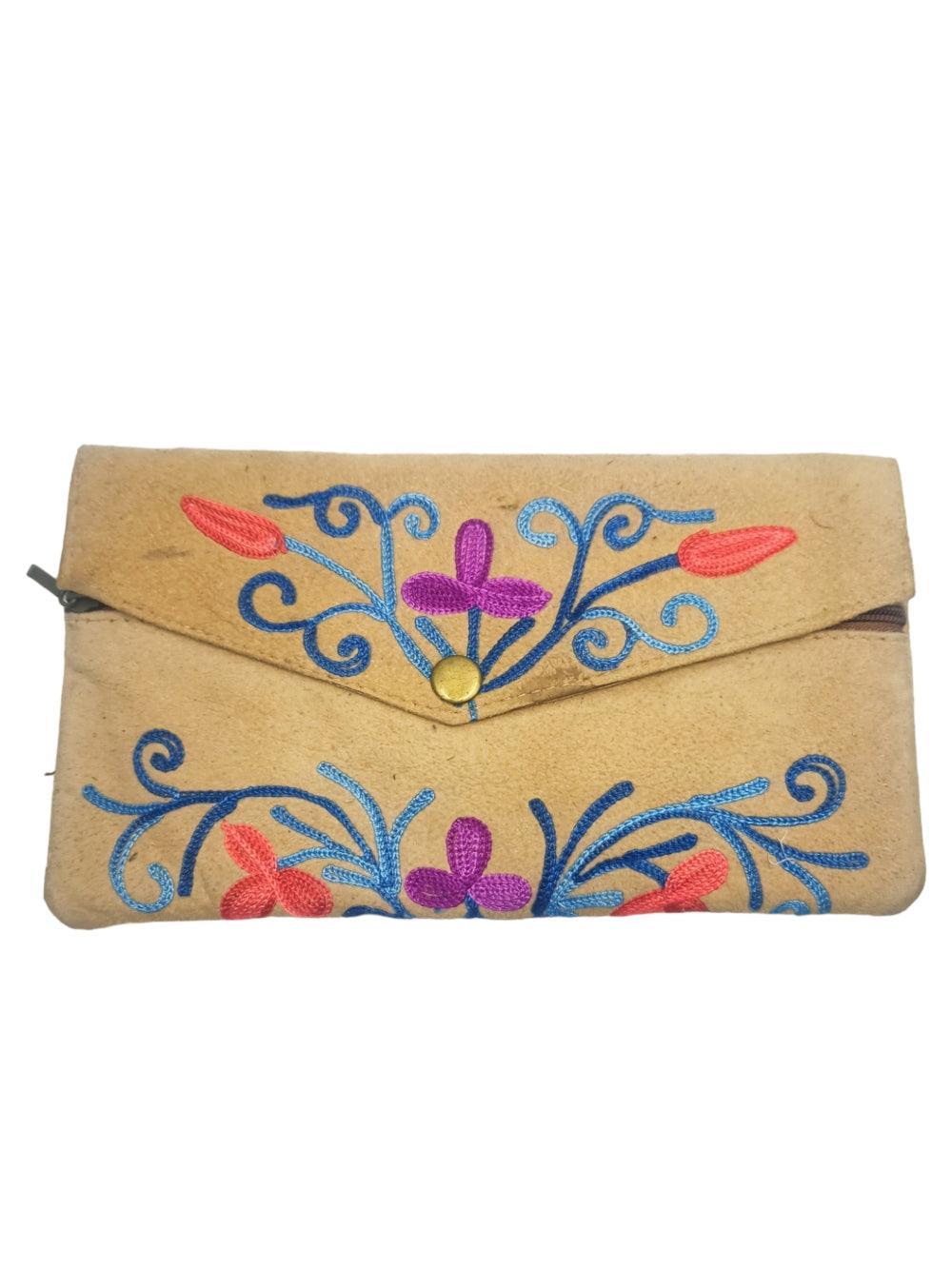 Suede Leather Flap Purse | Kashmiri Flap Purse | 8" Zip Purse - ZANSKAR ARTS