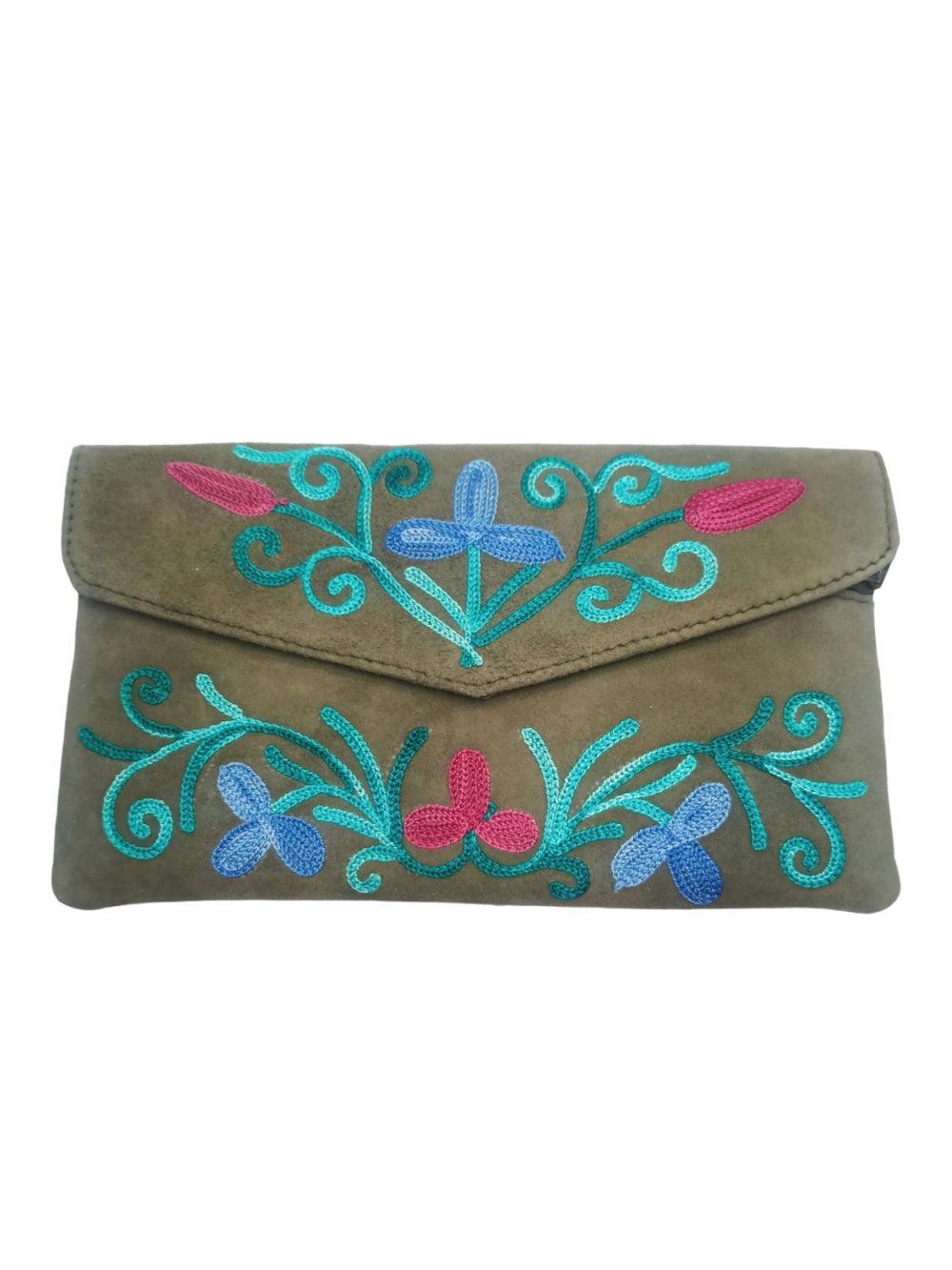 Suede Leather Flap Purse | Kashmiri Flap Purse | 8" Zip Purse - ZANSKAR ARTS