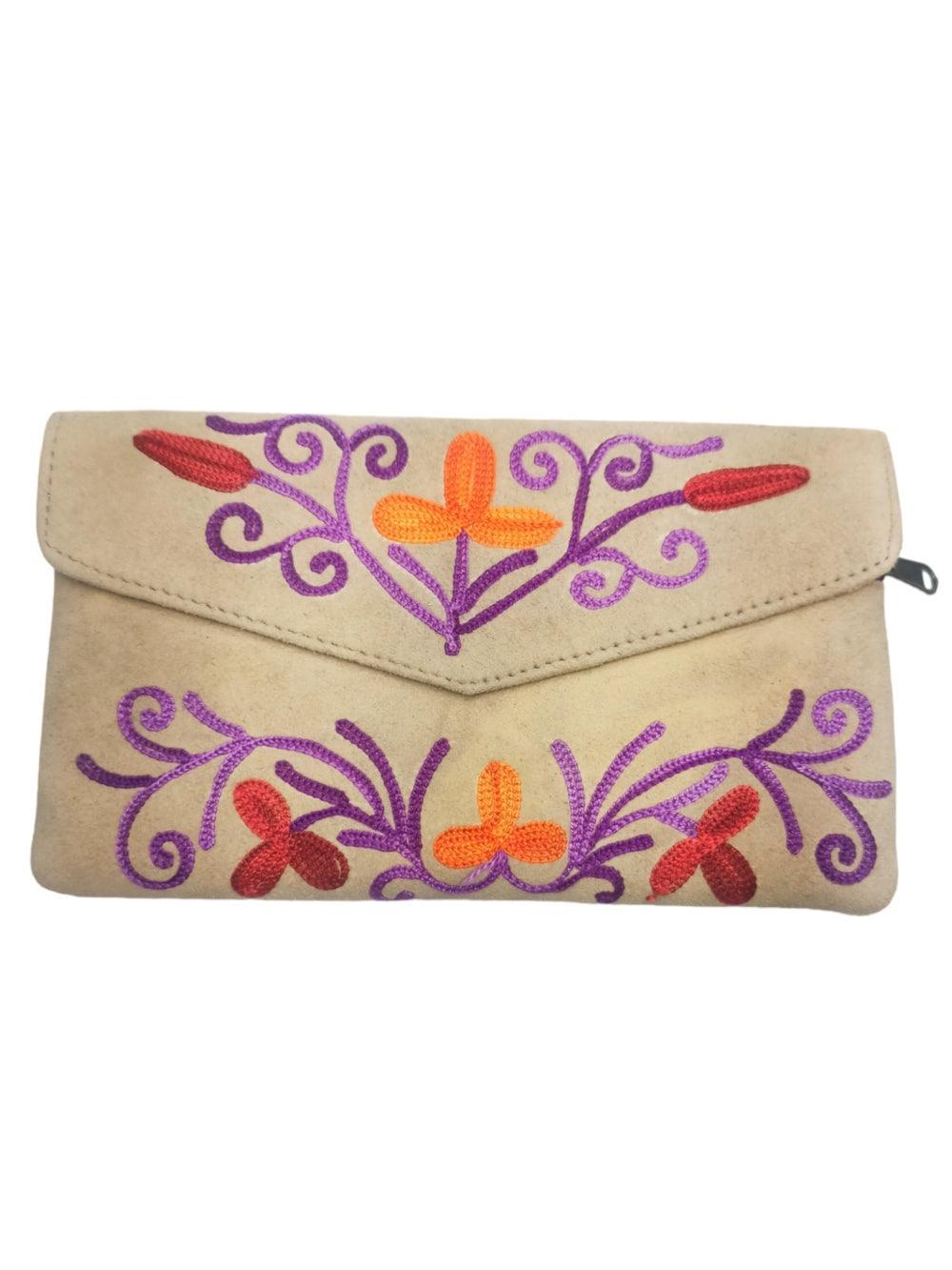 Suede Leather Flap Purse | Kashmiri Flap Purse | 8" Zip Purse - ZANSKAR ARTS