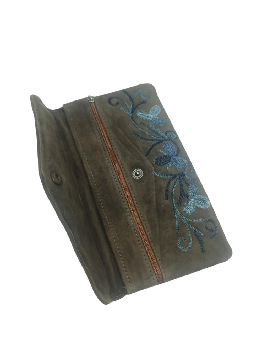 Suede Leather Flap Purse | Kashmiri Flap Purse | 8" Zip Purse - ZANSKAR ARTS