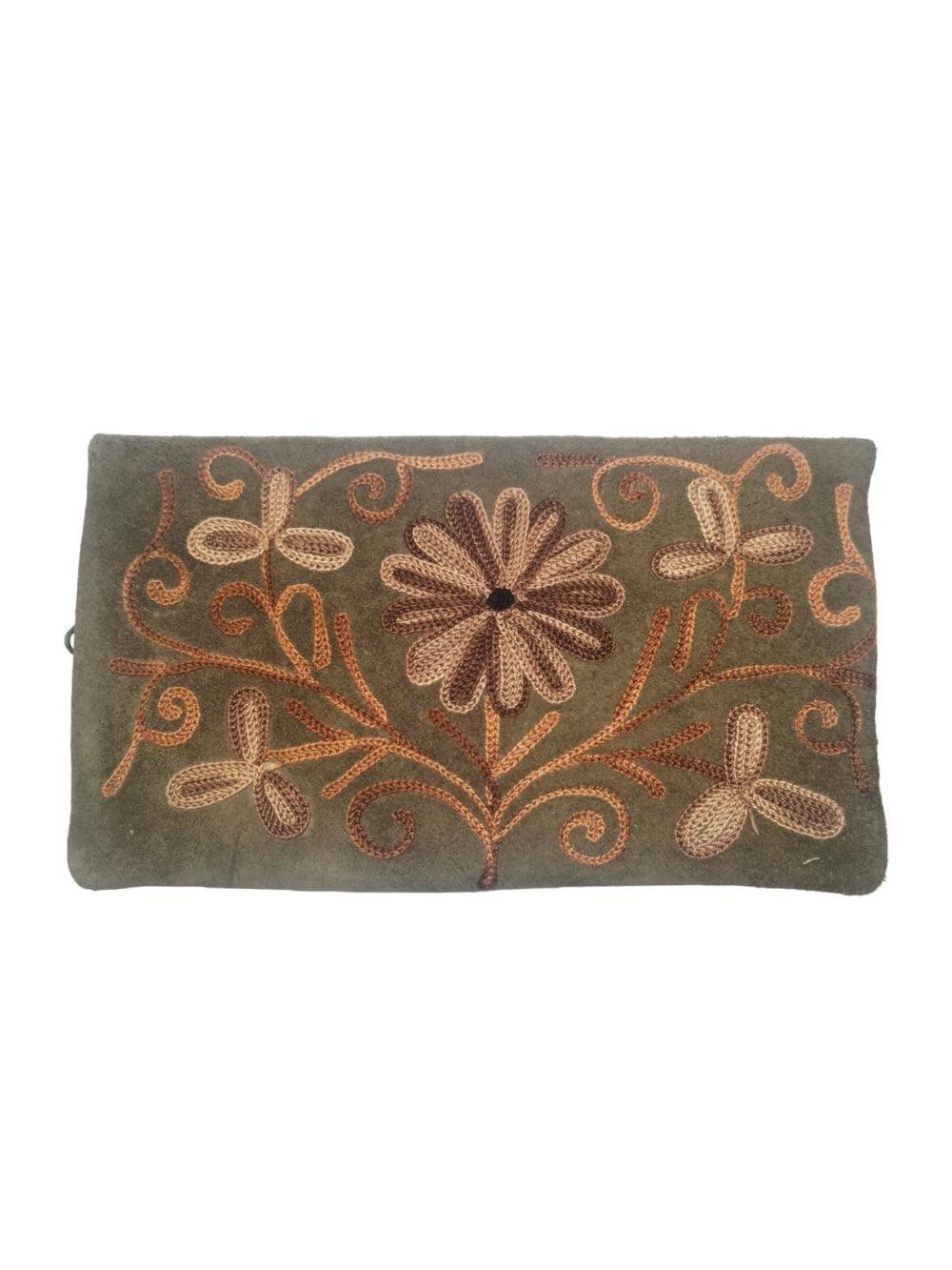 Suede Leather Flap Purse | Kashmiri Flap Purse | 8" Zip Purse - ZANSKAR ARTS