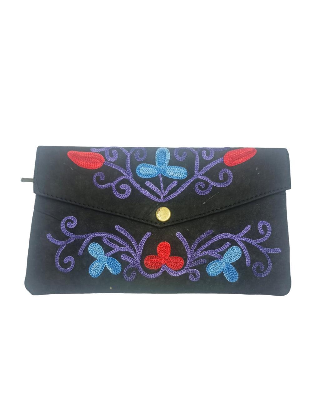 Suede Leather Flap Purse | Kashmiri Flap Purse | 8" Zip Purse - ZANSKAR ARTS