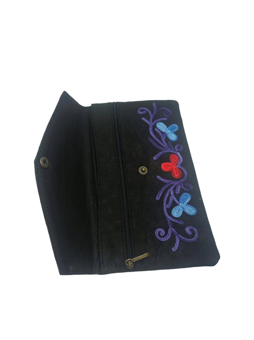 Suede Leather Flap Purse | Kashmiri Flap Purse | 8" Zip Purse - ZANSKAR ARTS