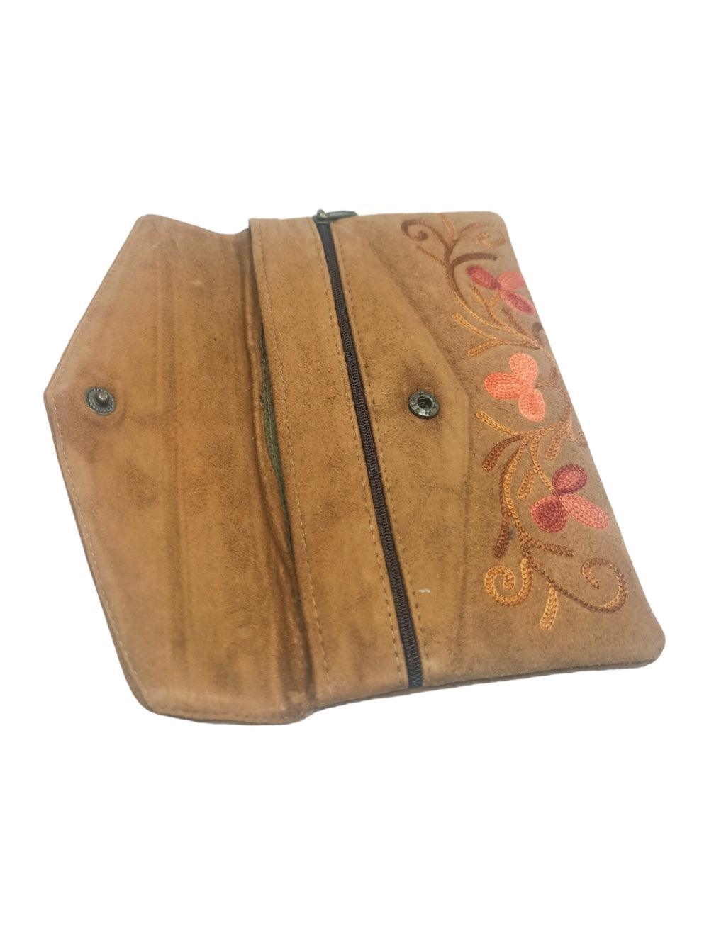 Suede Leather Flap Purse | Kashmiri Flap Purse | 8" Zip Purse - ZANSKAR ARTS