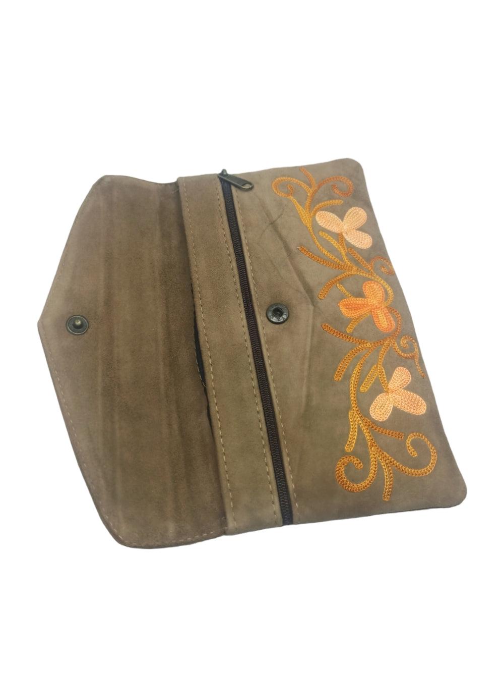 Suede Leather Flap Purse | Kashmiri Flap Purse | 8" Zip Purse - ZANSKAR ARTS