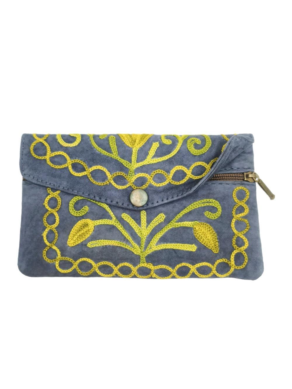 Suede Leather Flap Purse | Kashmiri Flap Purse | 6" Zip Purse - ZANSKAR ARTS