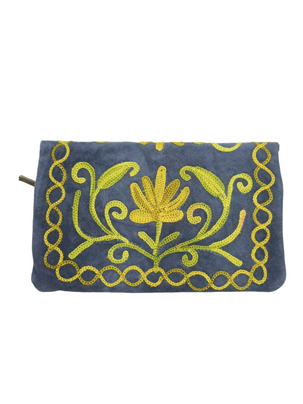 Suede Leather Flap Purse | Kashmiri Flap Purse | 6" Zip Purse - ZANSKAR ARTS