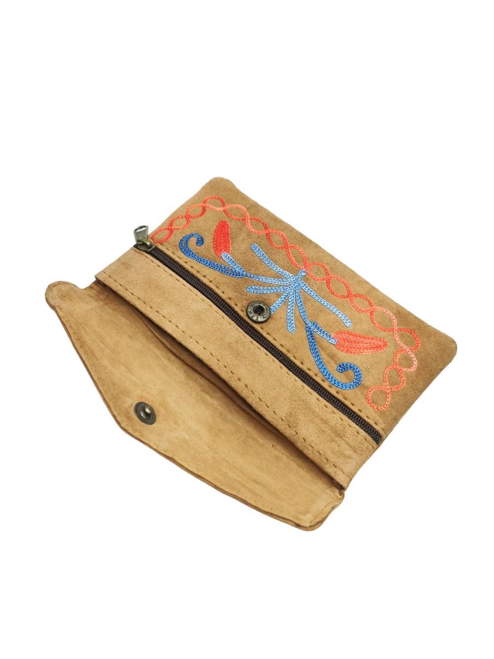 Suede Leather Flap Purse | Kashmiri Flap Purse | 6" Zip Purse - ZANSKAR ARTS