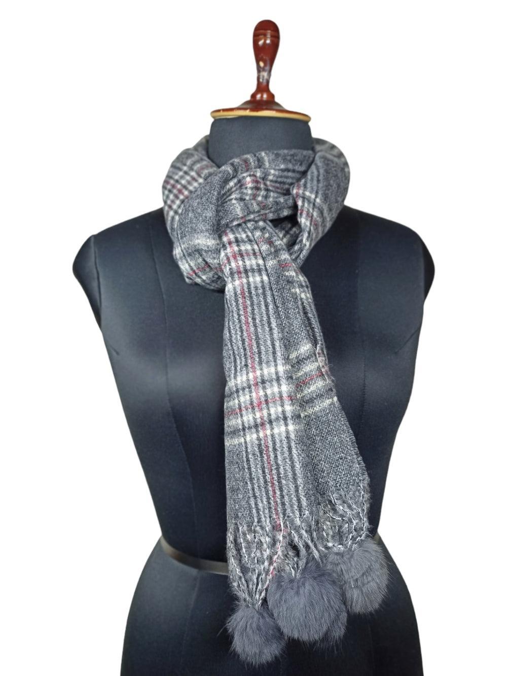 Cashmere Woolen Stole | Reversible Stole | Check Design With Fur Balls - ZANSKAR ARTS