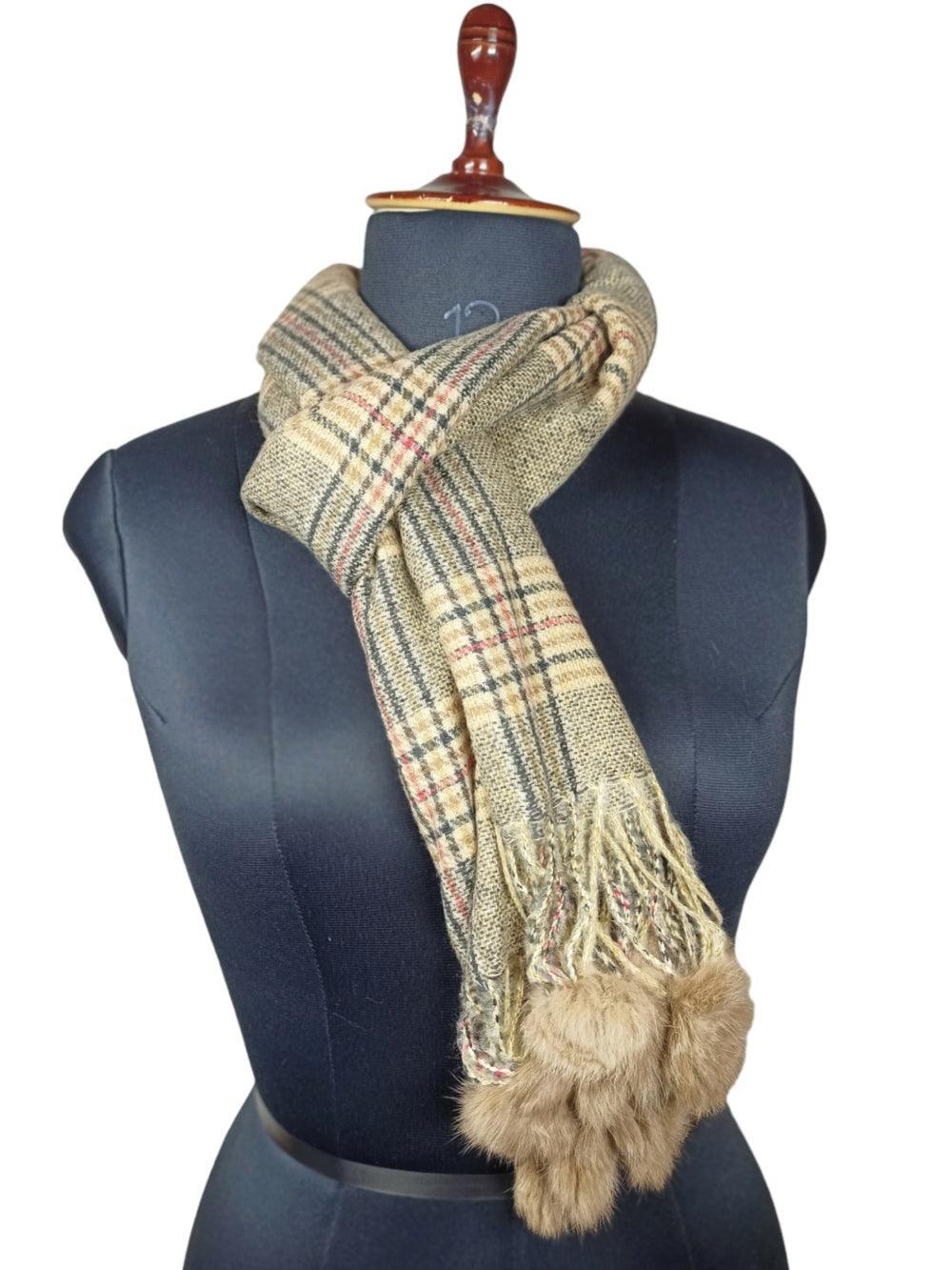 Cashmere Woolen Stole | Reversible Stole | Check Design With Fur Balls - ZANSKAR ARTS