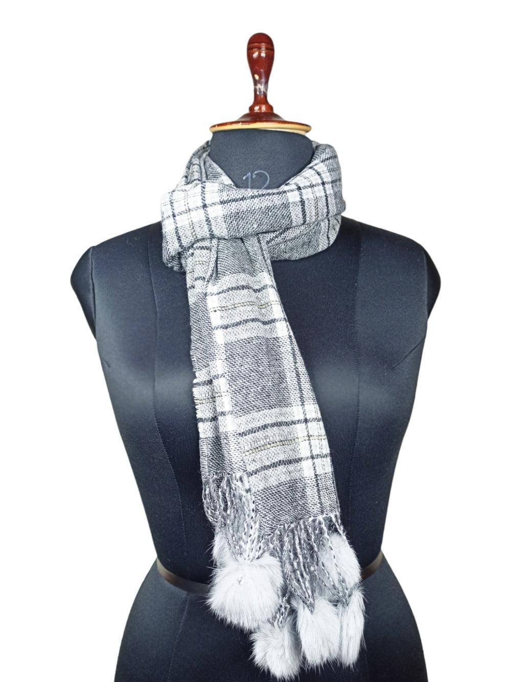 Cashmere Woolen Stole | Reversible Stole | Check Design With Fur Balls - ZANSKAR ARTS