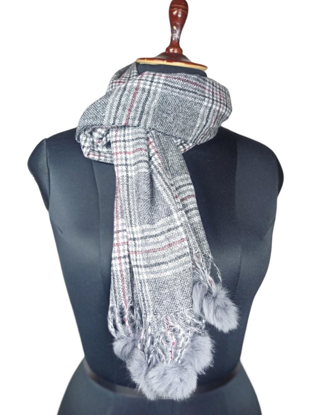 Cashmere Woolen Stole | Reversible Stole | Check Design With Fur Balls - ZANSKAR ARTS