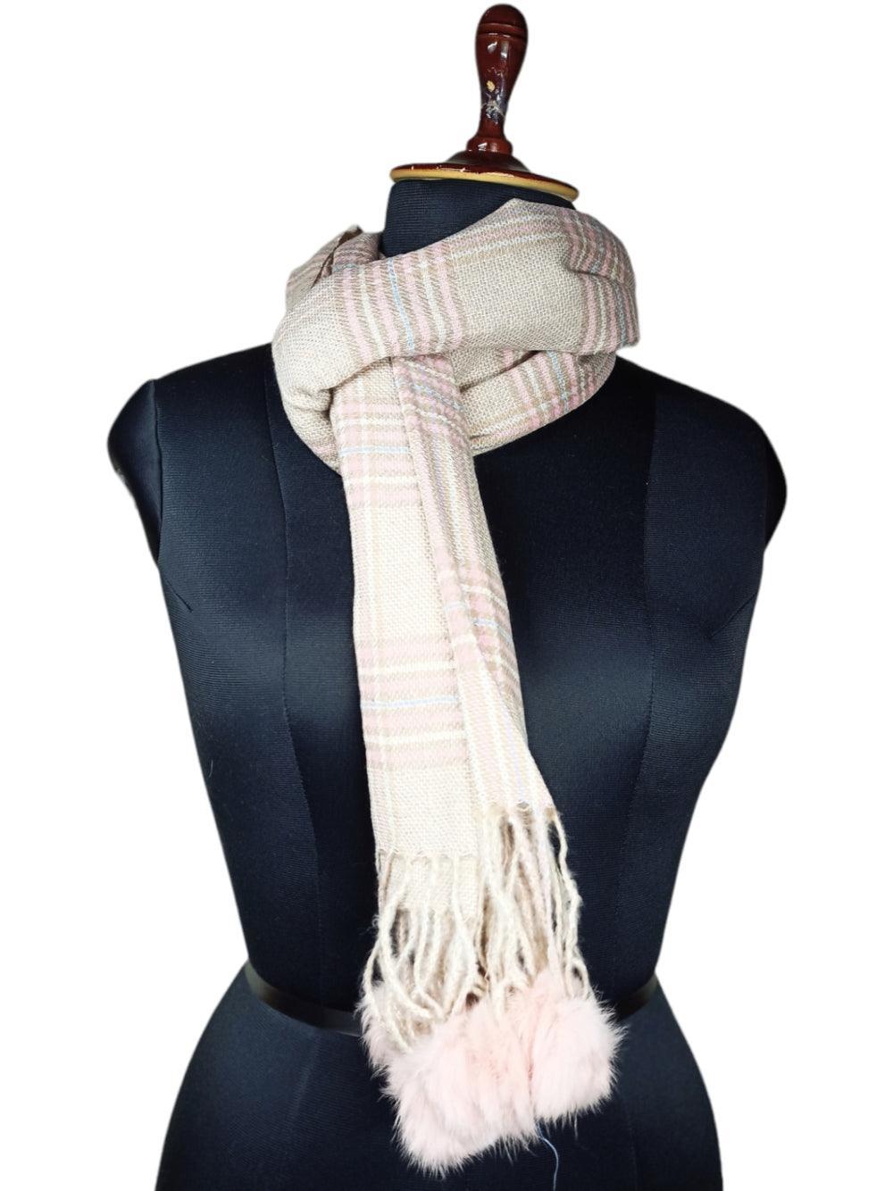 Cashmere Woolen Stole | Reversible Stole | Check Design With Fur Balls - ZANSKAR ARTS