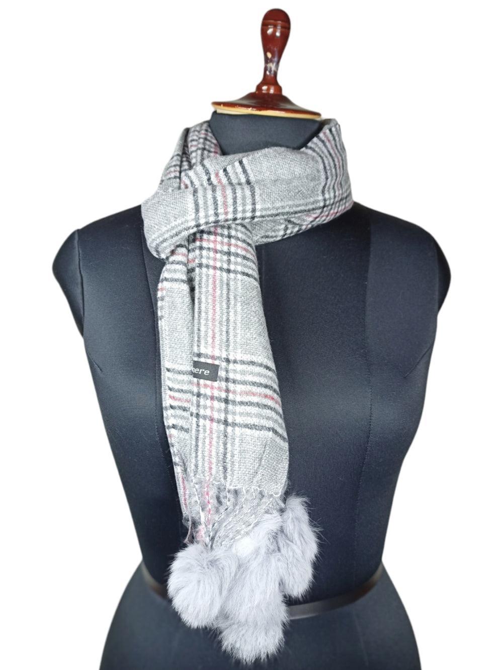 Cashmere Woolen Stole | Reversible Stole | Check Design With Fur Balls - ZANSKAR ARTS
