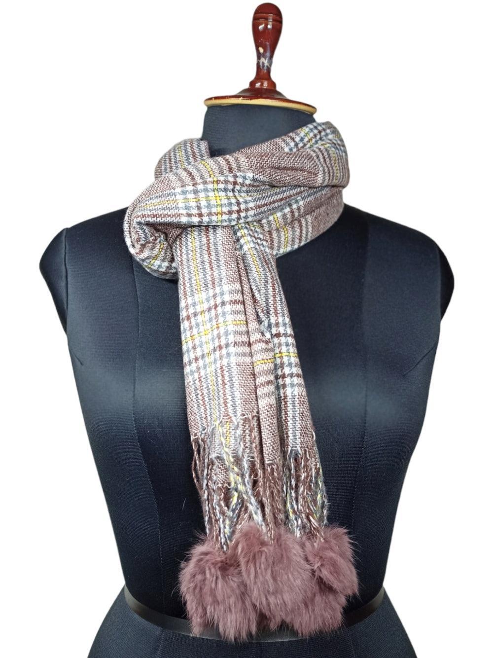 Cashmere Woolen Stole | Reversible Stole | Check Design With Fur Balls - ZANSKAR ARTS