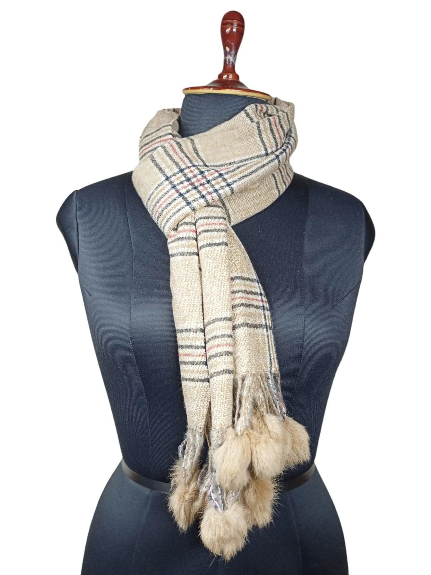 Cashmere Woolen Stole | Reversible Stole | Check Design With Fur Balls - ZANSKAR ARTS
