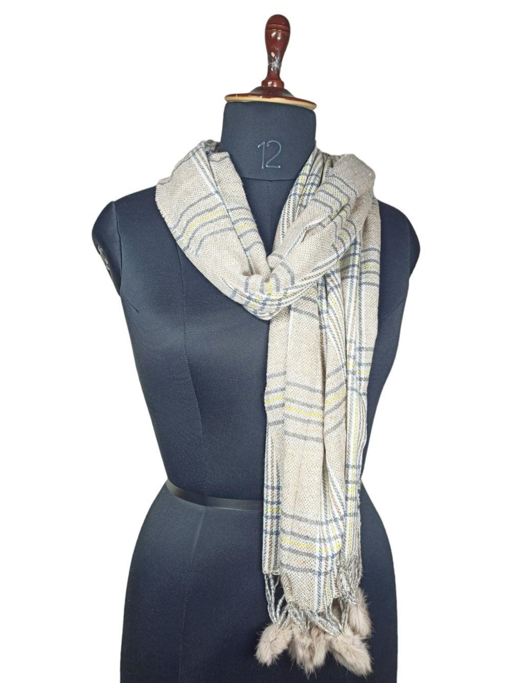 Cashmere Woolen Stole | Reversible Stole | Check Design With Fur Balls - ZANSKAR ARTS