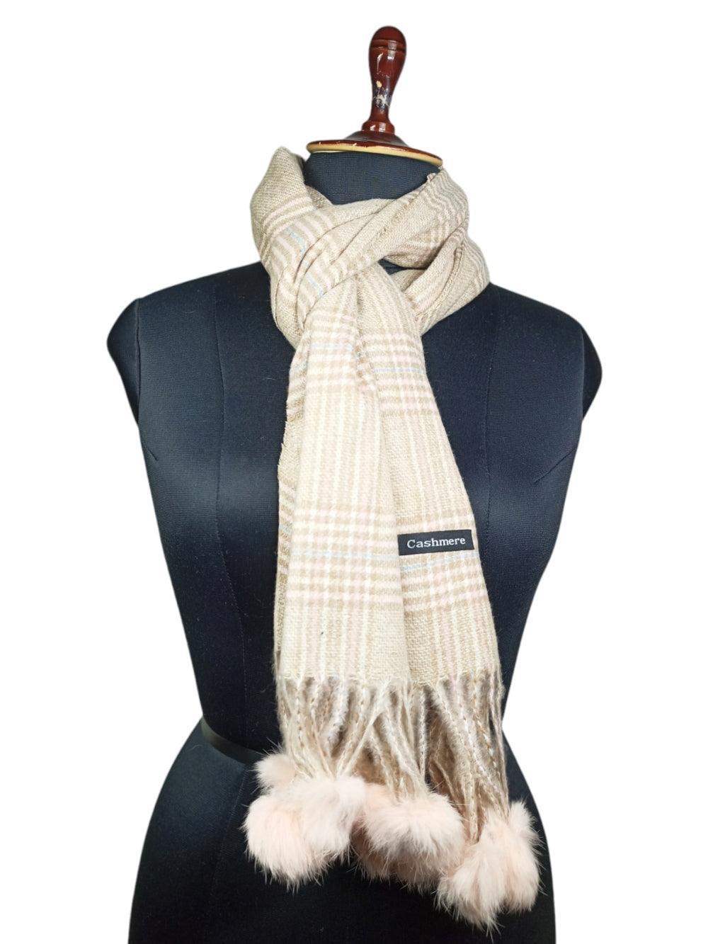 Cashmere Woolen Stole | Reversible Stole | Check Design With Fur Balls - ZANSKAR ARTS