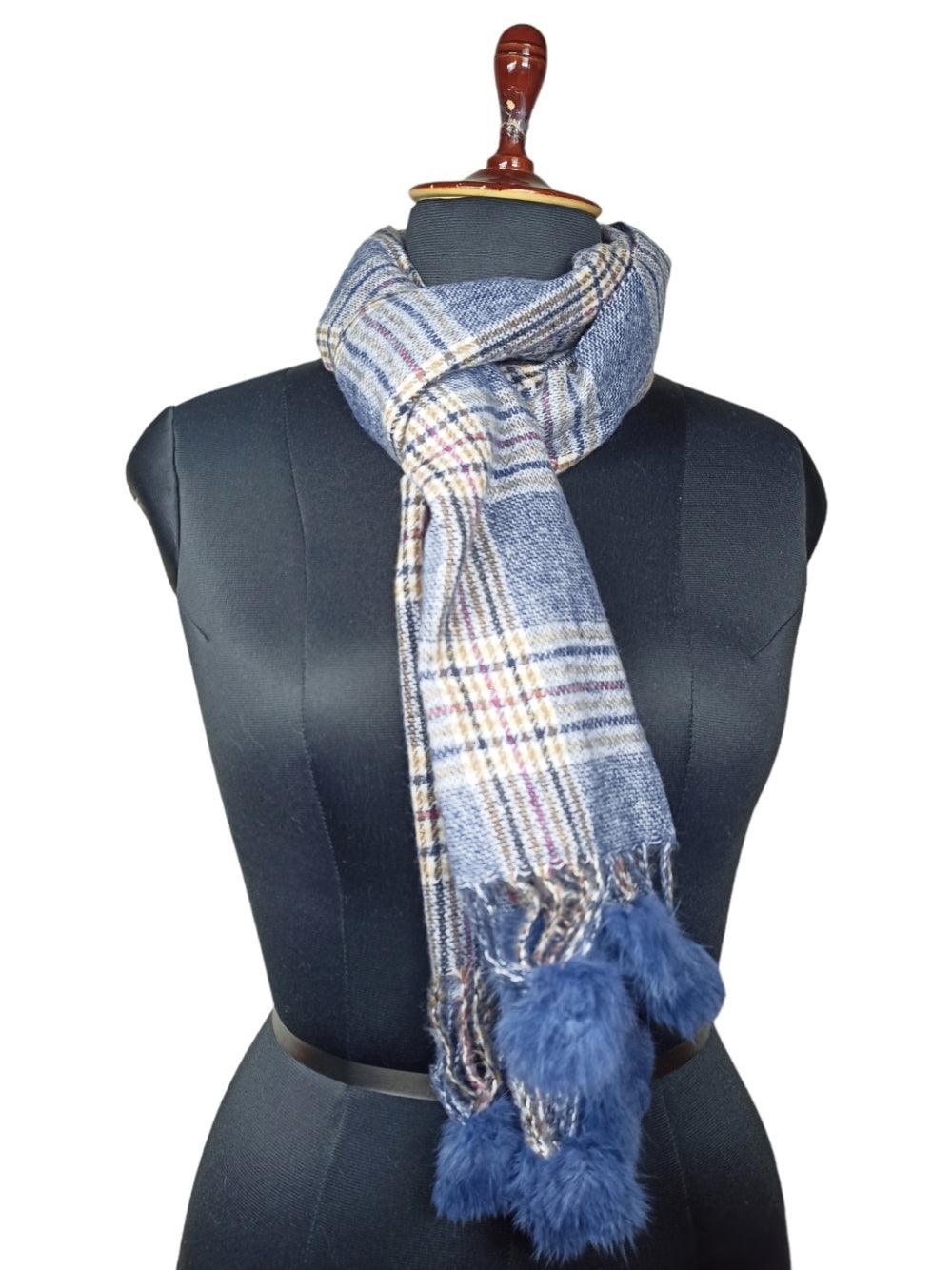 Cashmere Woolen Stole | Reversible Stole | Check Design With Fur Balls - ZANSKAR ARTS