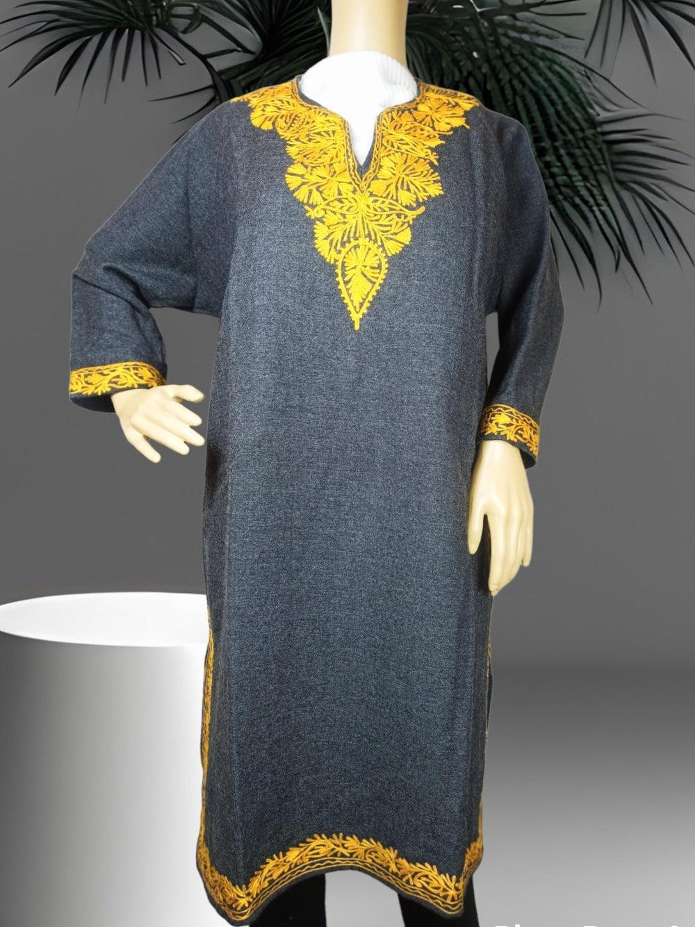 Grey wool kurta with intricate yellow floral embroidery on neckline, cuffs, and hem, displayed on mannequin