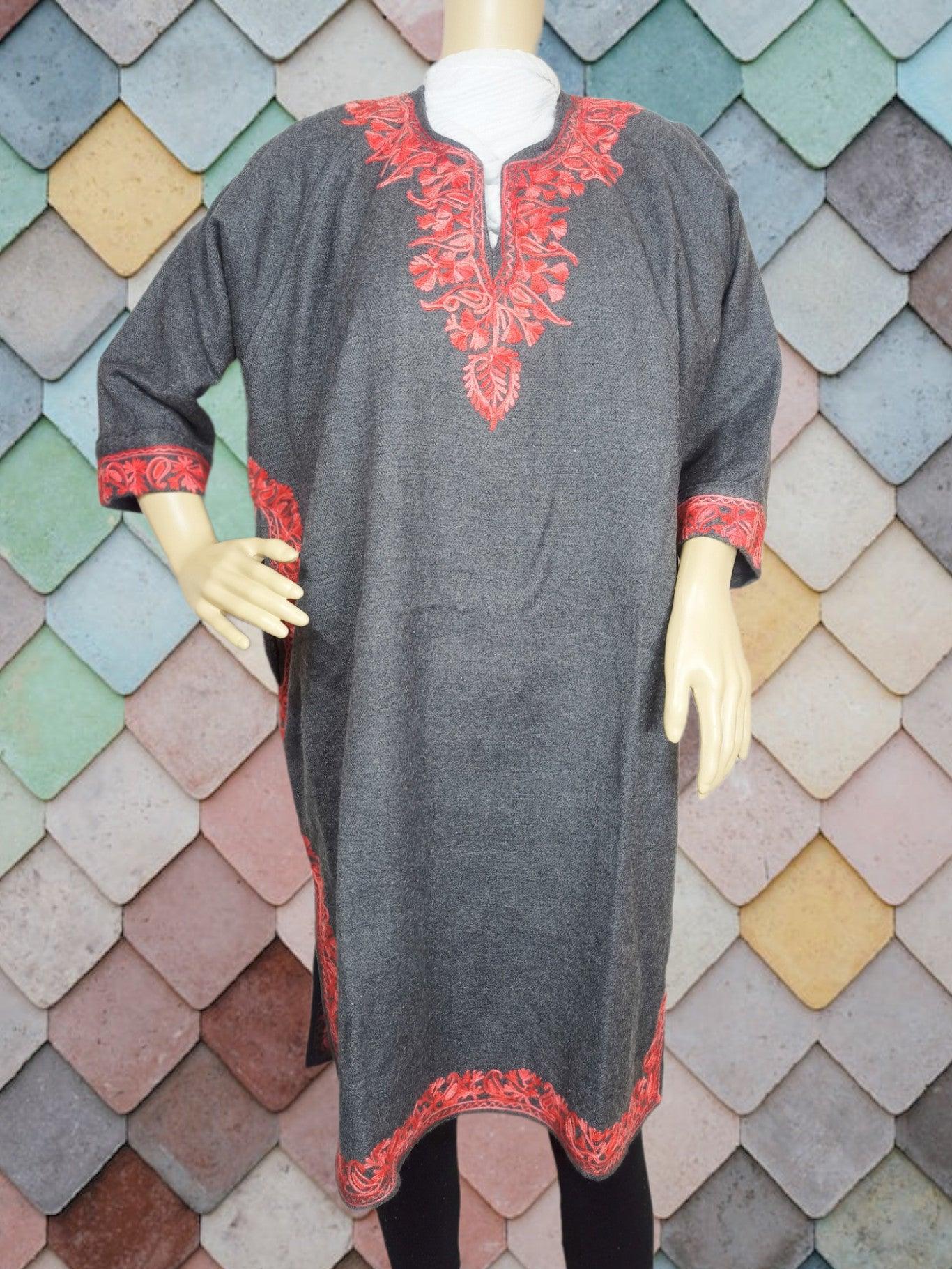 Gray traditional kurta with bright red floral embroidery on neckline, sleeves, and hem from Zanskar Arts
