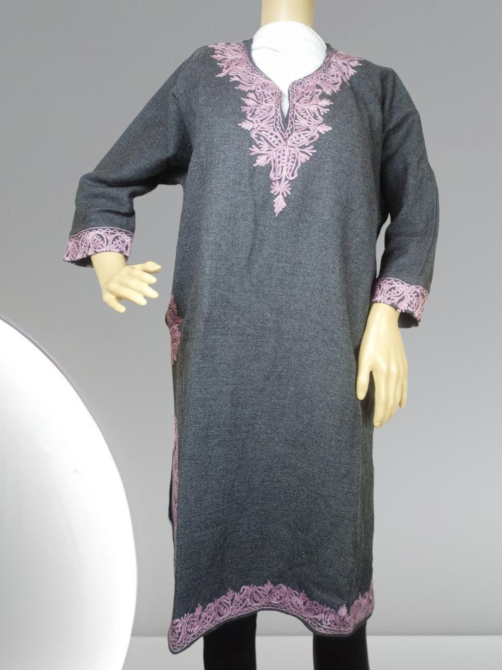 Gray long sleeve tunic with pink floral embroidery on neckline, cuffs, and hem displayed on mannequin