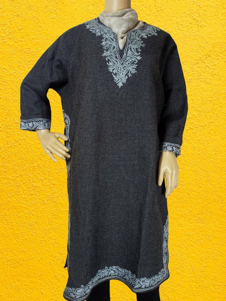 Dark gray pashmina kurta with light blue intricate embroidery on neckline, cuffs, and hem against yellow background