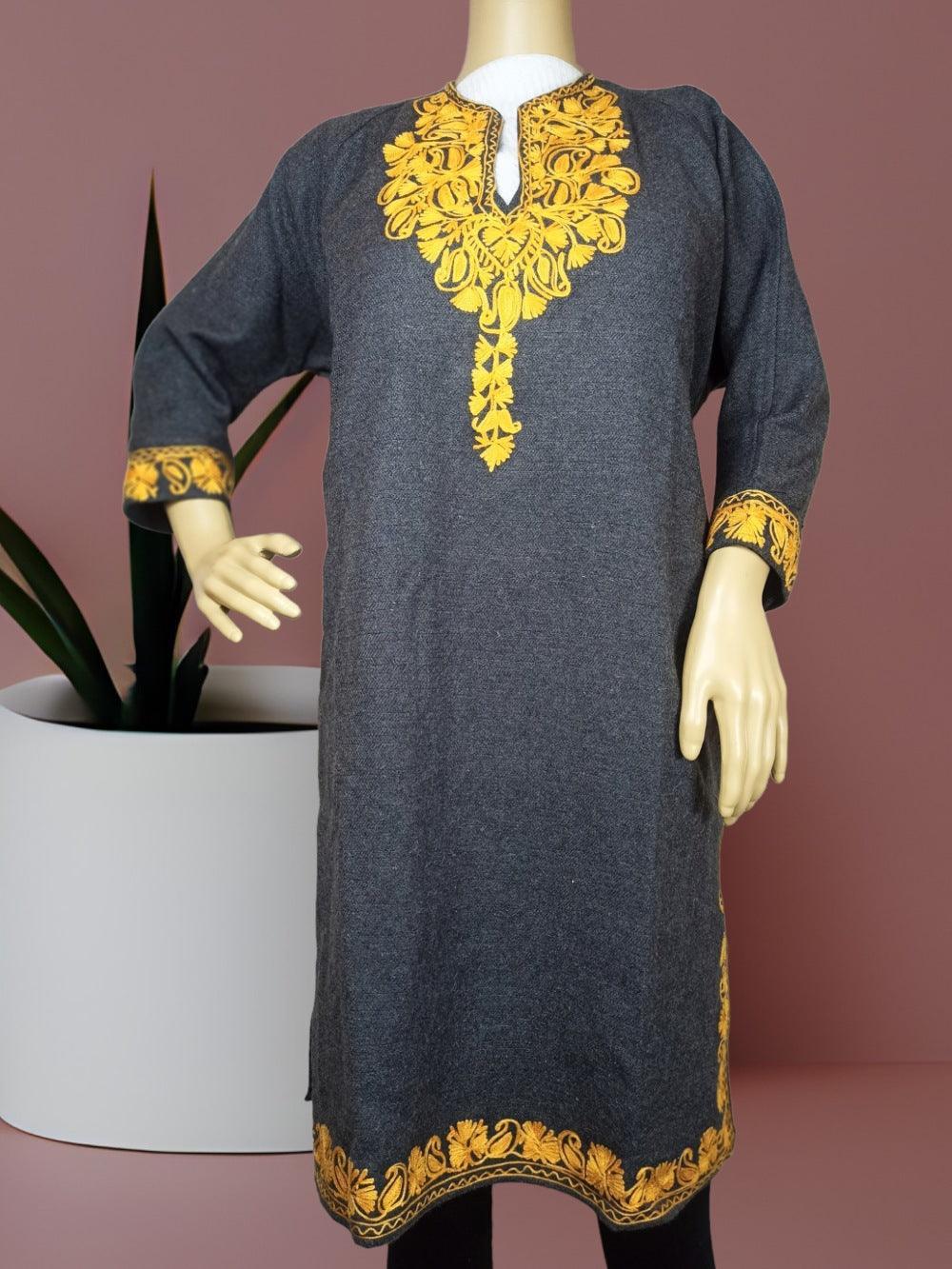 Dark grey traditional kurta with intricate yellow floral embroidery on neckline, cuffs, and hem displayed on mannequin