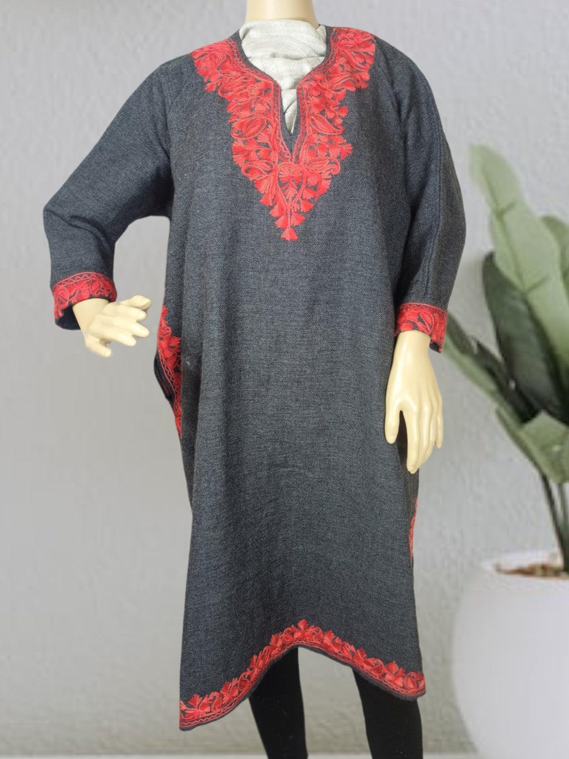 Dark grey woolen kurti with red floral embroidery on neckline, cuffs and hem displayed on mannequin