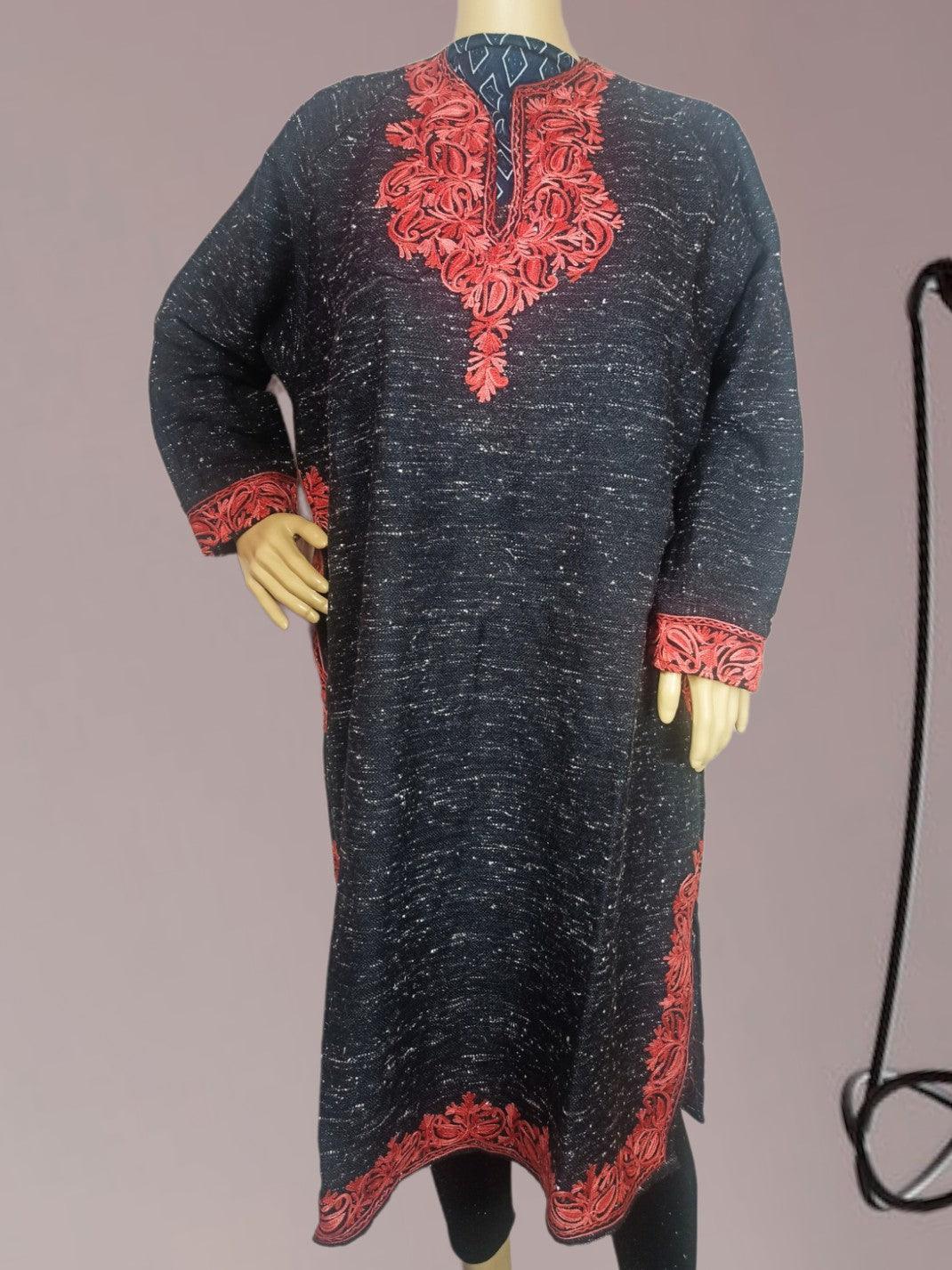 Black traditional kurta with intricate red embroidery on neckline, cuffs, and hem displayed on mannequin