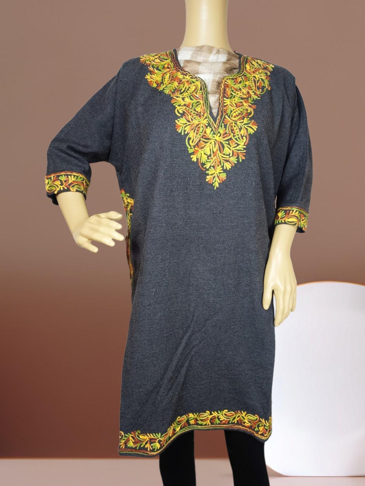 Dark gray traditional kurta with vibrant yellow and orange floral embroidery on neckline, sleeves, and hem displayed on mannequin
