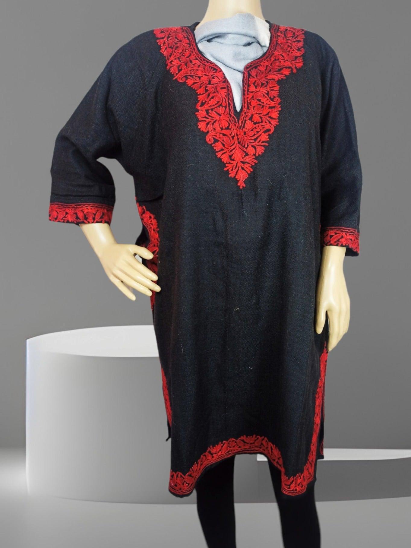 Black woolen kurti with intricate red embroidery on neckline, sleeves, sides, and hem, modeled on mannequin