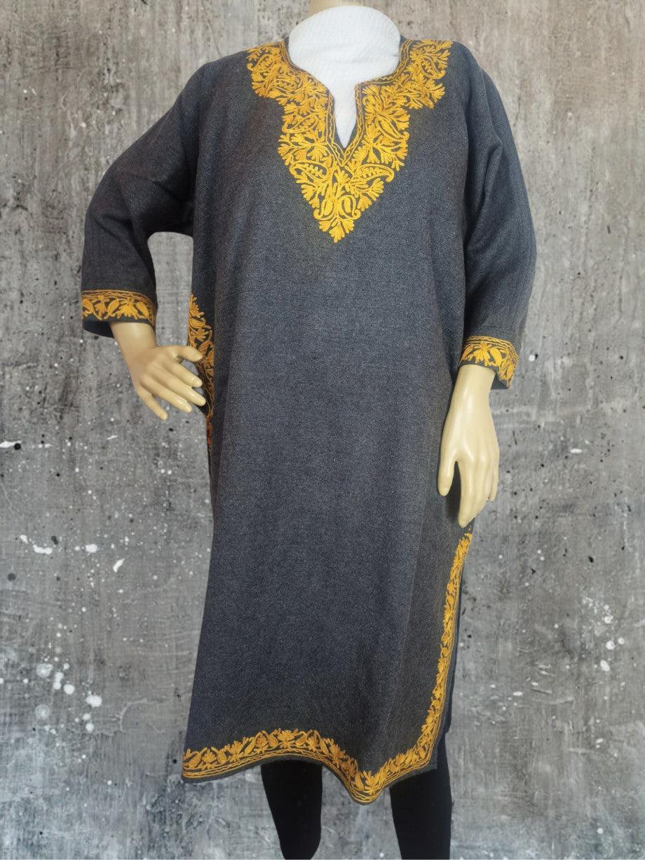Dark gray traditional tunic with yellow floral embroidery on neckline, cuffs, and hem from Zanskar Arts