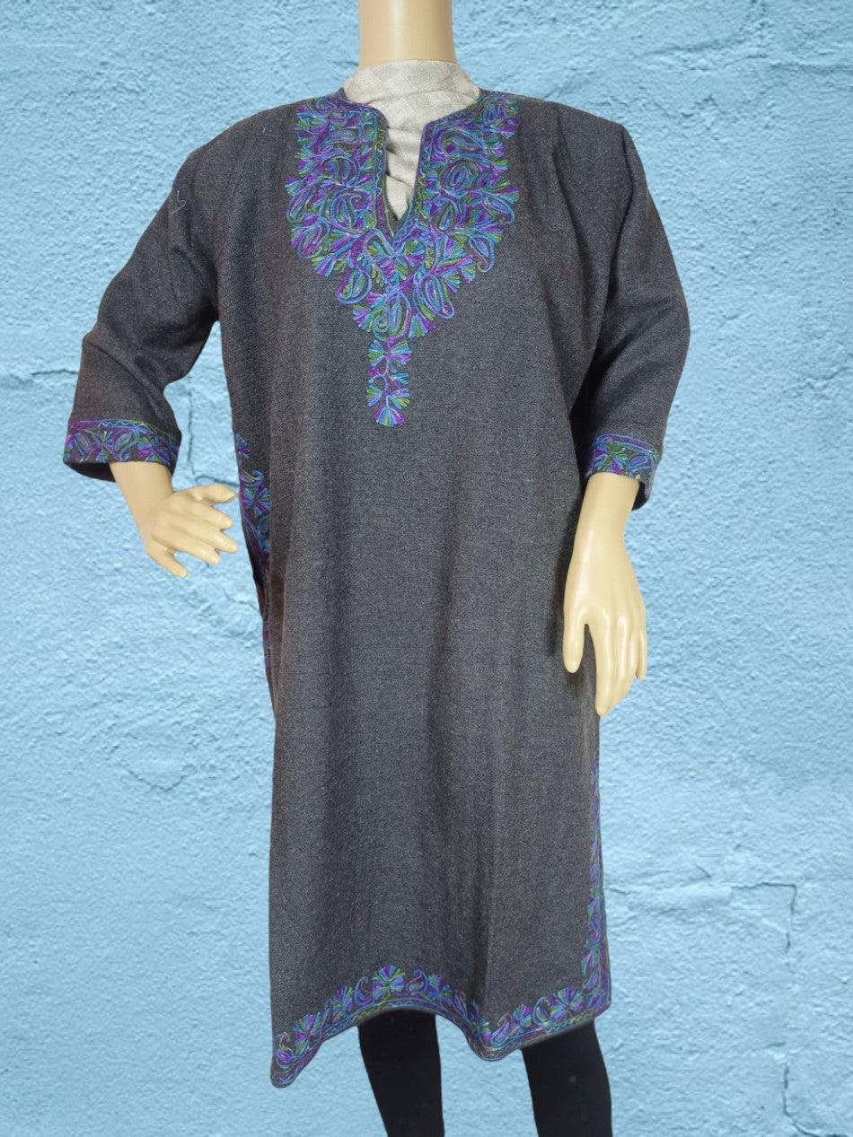 Dark grey pashmina wool kurti with intricate purple and blue floral embroidery on neckline, sleeves, and hem