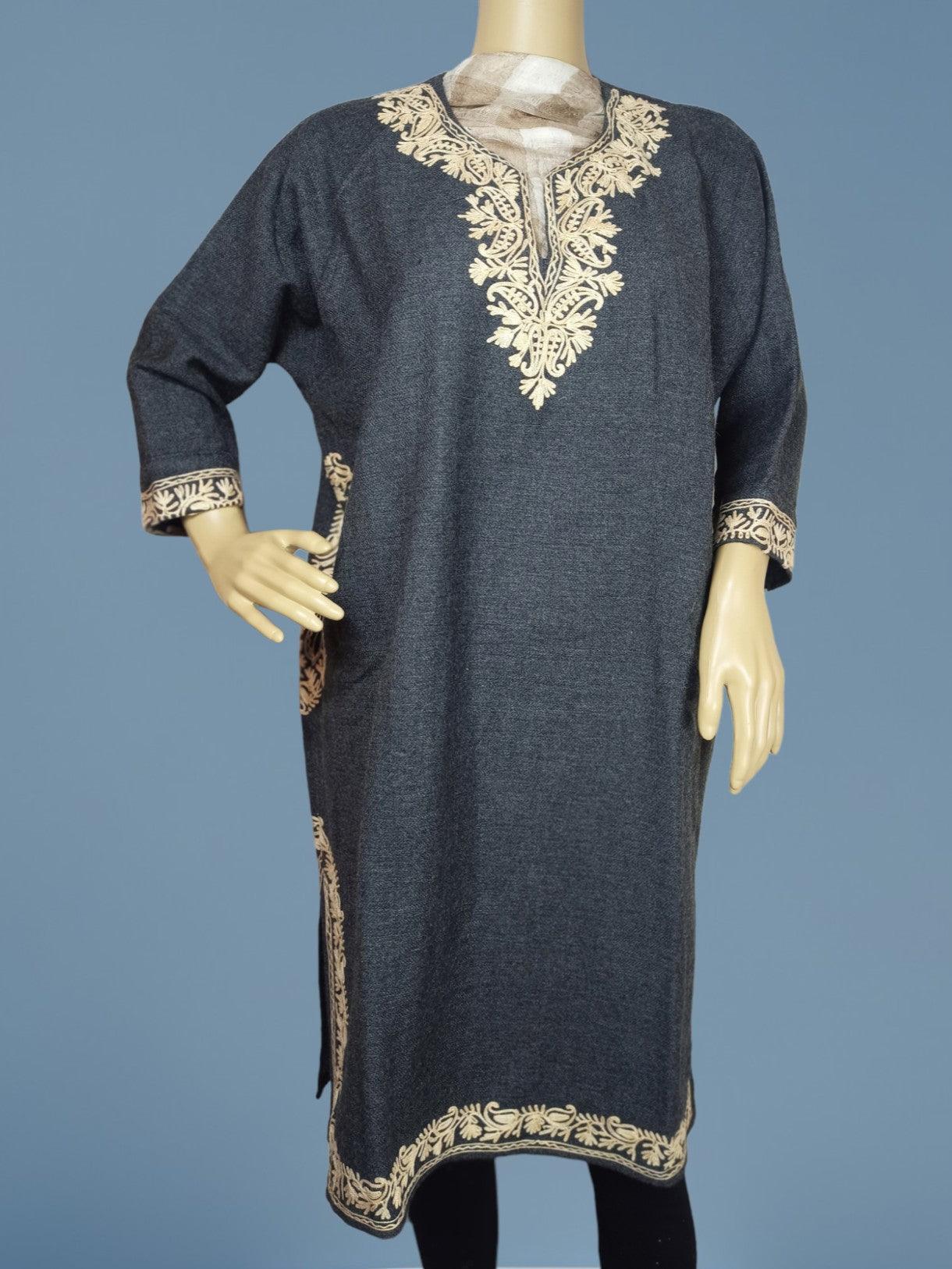 Dark grey kurti with beige intricate embroidery on neckline, sleeves, pockets, and hem on mannequin