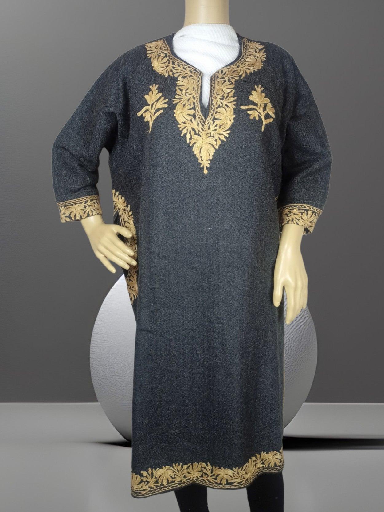Dark grey traditional long kurta with intricate golden floral embroidery on neckline, sleeves, and hem