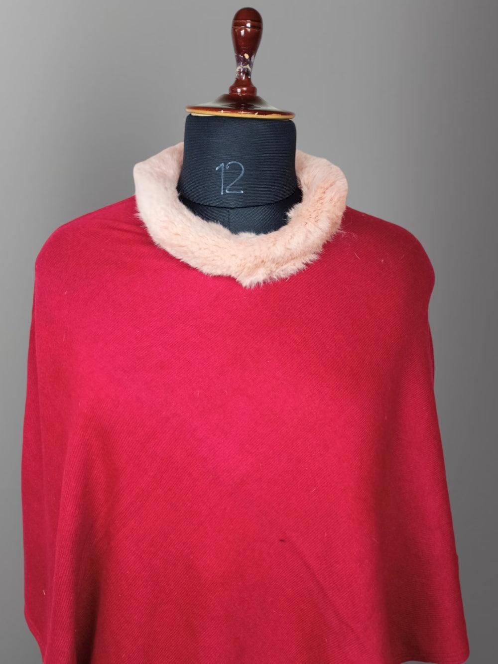 Plain Pashmina Panchu With Fur | Red Colour - ZANSKAR ARTS