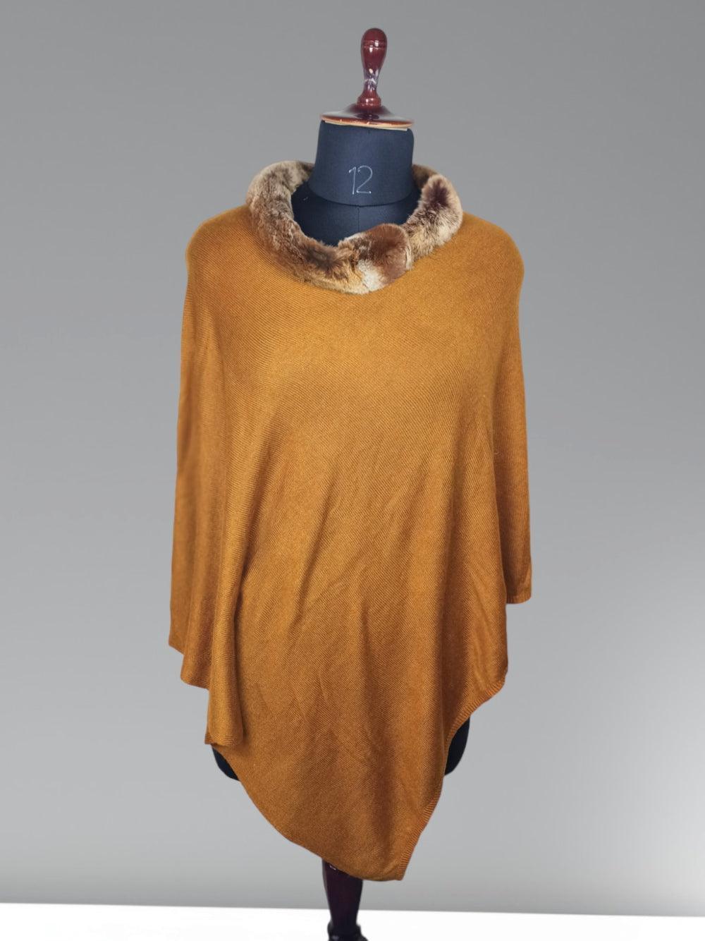 Plain Pashmina Panchu With Fur | Brown Colour - ZANSKAR ARTS