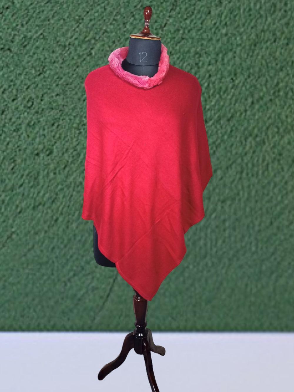 Plain Pashmina Panchu With Fur | Red Colour - ZANSKAR ARTS
