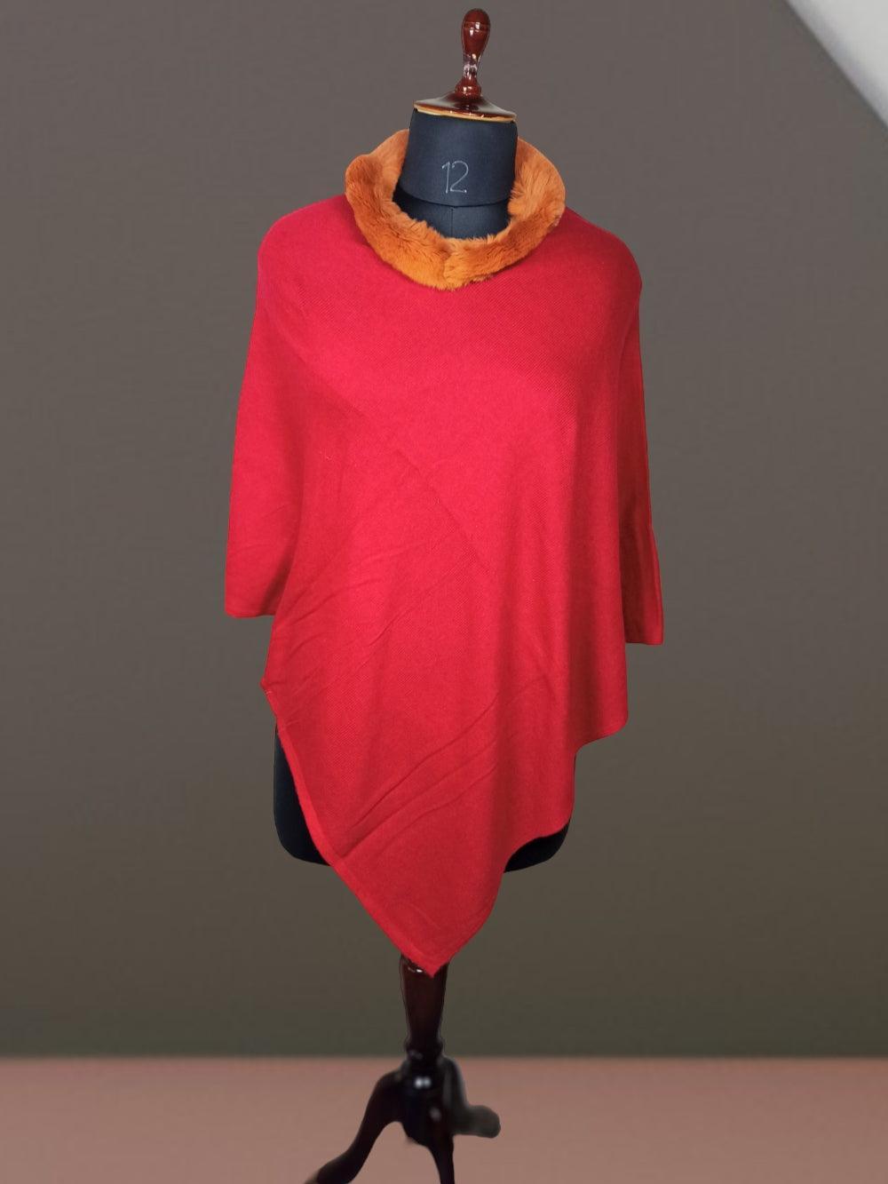 Plain Pashmina Panchu With Fur | Red Colour - ZANSKAR ARTS