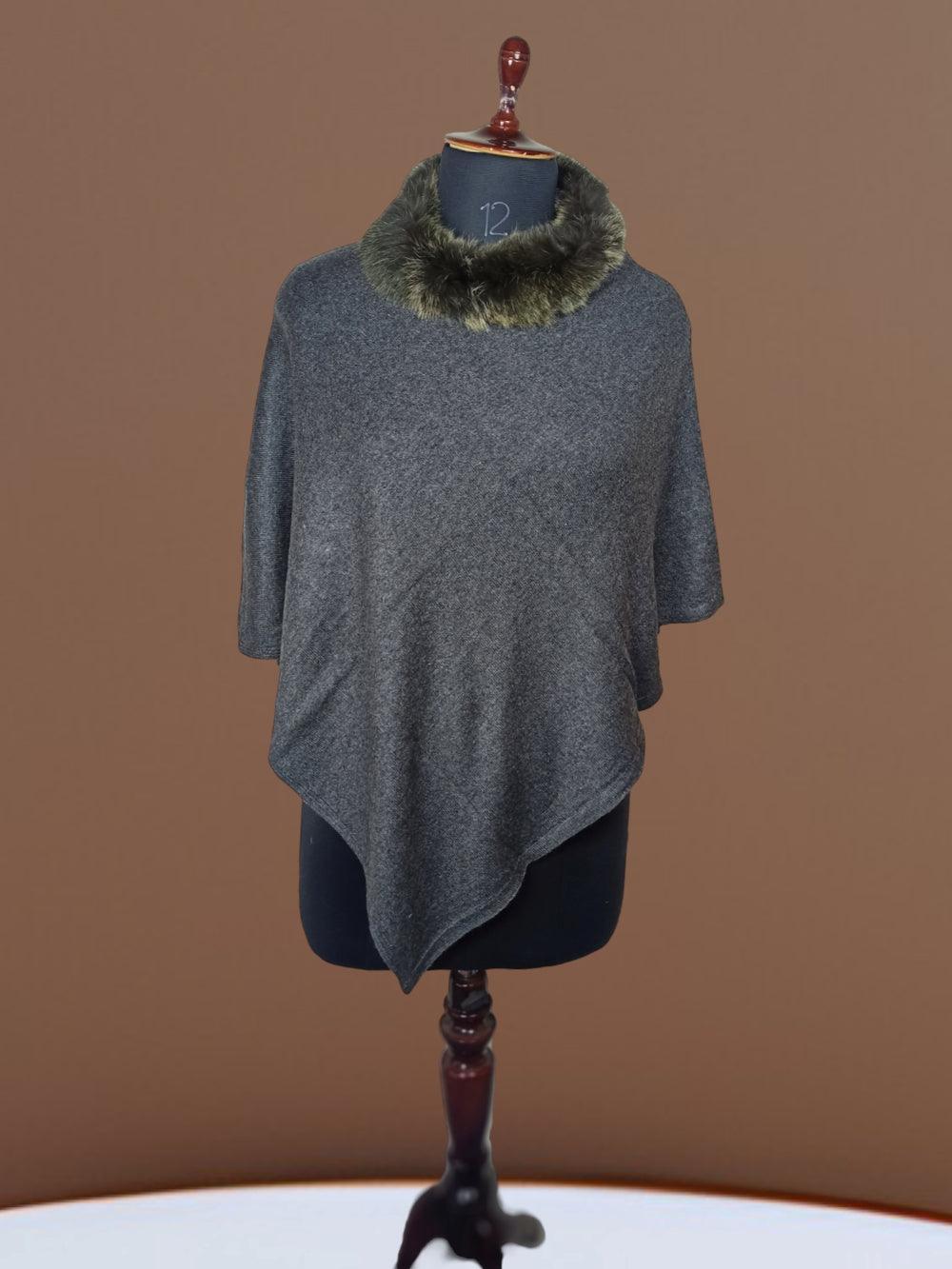 Plain Pashmina Panchu With Fur | Natural Black Colour - ZANSKAR ARTS