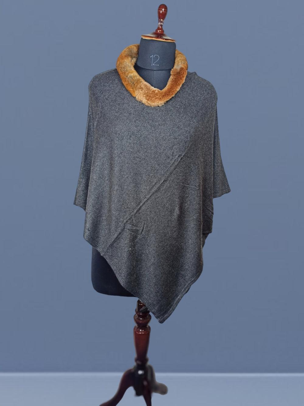 Plain Pashmina Panchu With Fur | Natural Black Colour - ZANSKAR ARTS