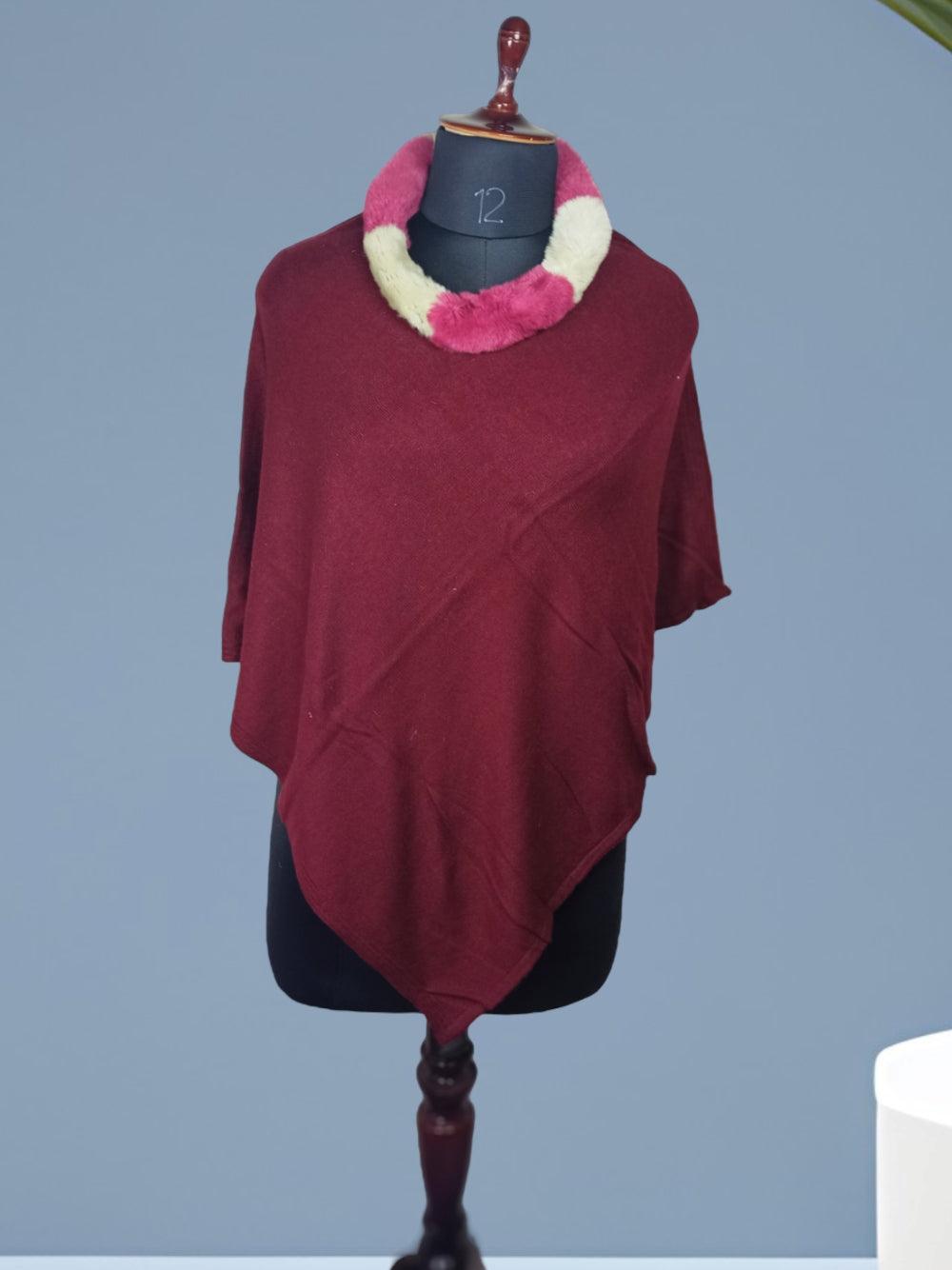 Plain Pashmina Panchu With Fur | Maroon Colour - ZANSKAR ARTS