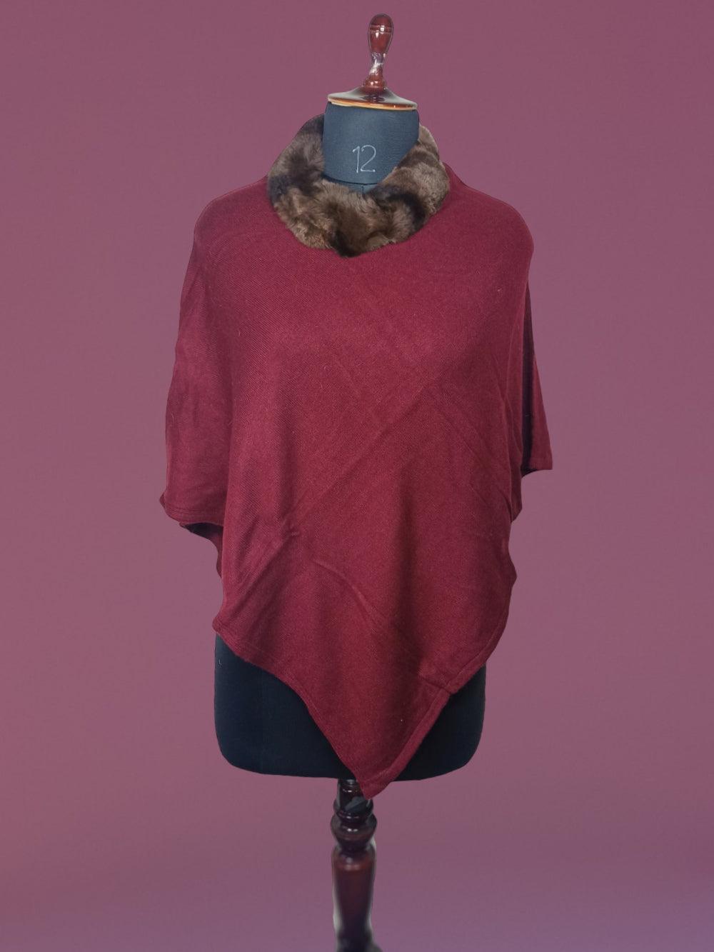 Plain Pashmina Panchu With Fur | Maroon Colour - ZANSKAR ARTS