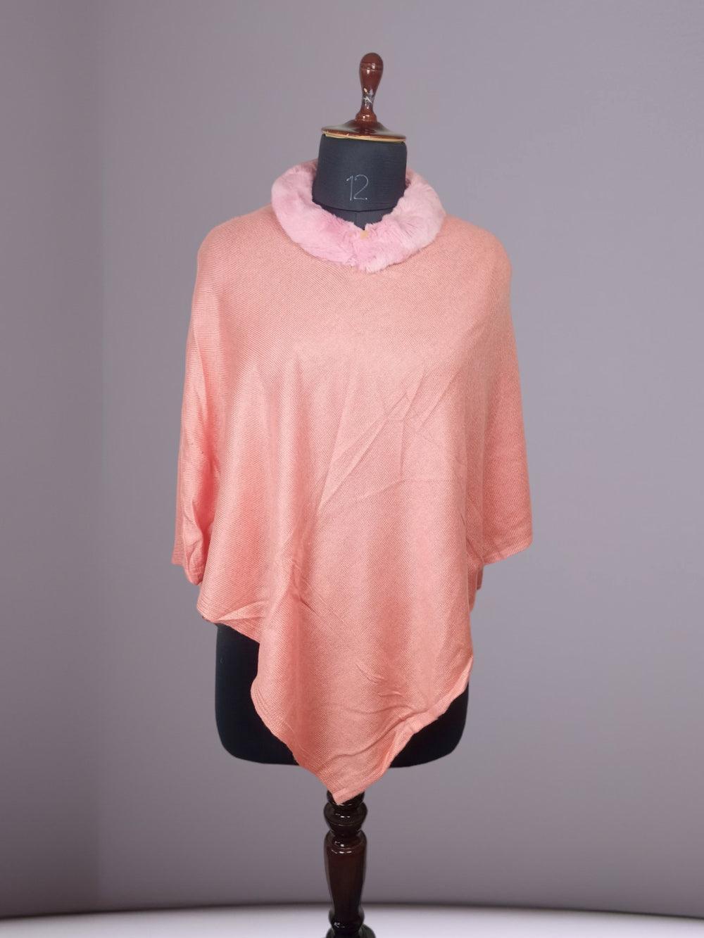 Plain Pashmina Panchu with Fur | Salmon Colour - ZANSKAR ARTS