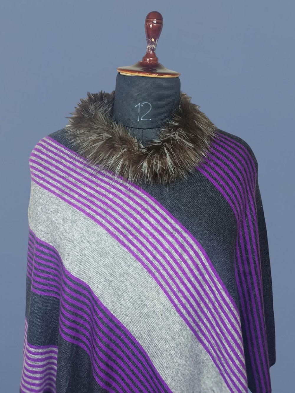 Strip Pashmina Panchu with Fur | Multi Colour - ZANSKAR ARTS