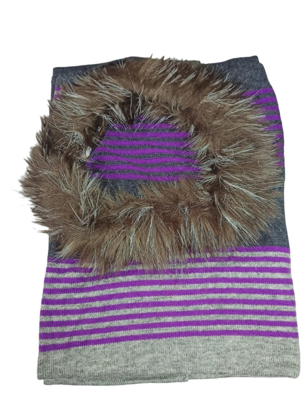 Strip Pashmina Panchu with Fur | Multi Colour - ZANSKAR ARTS